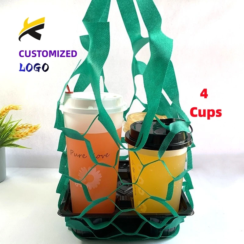 Disposable Non woven milk tea creative takeaway Mesh tote bag coffee fruit juice drinking take out bag with Custom logo