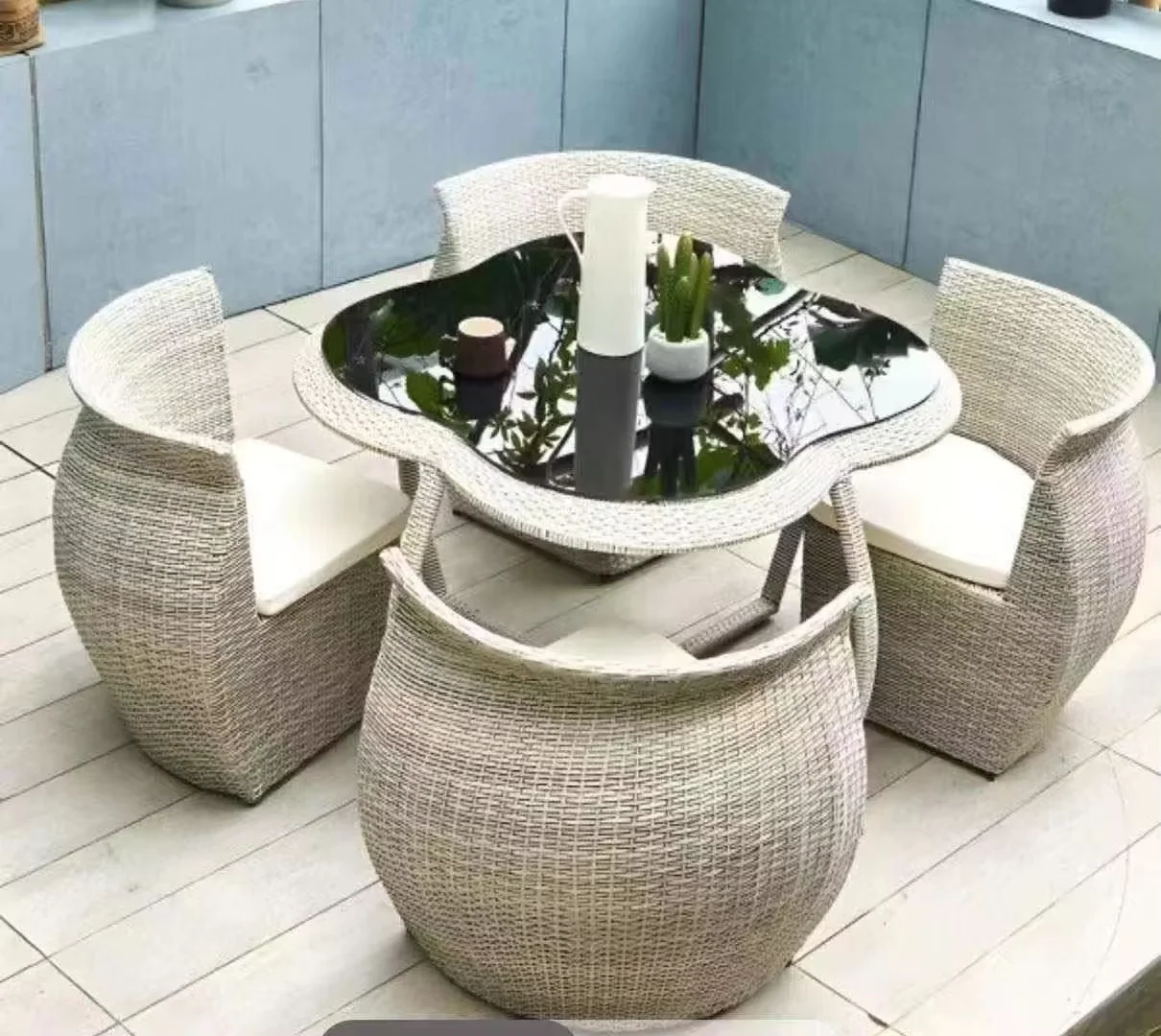 HANYEE Outdoor Dining Table Chair Set Contemporary Design Aluminum Rattan Wicker Furniture Garden Apartment Living Room Sofa PE