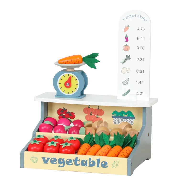 2024 New Children Wooden Role Play Pretend Vegetable Stall Portable Game Educational Activity Kitchen Stand Set Toys Fir Kids