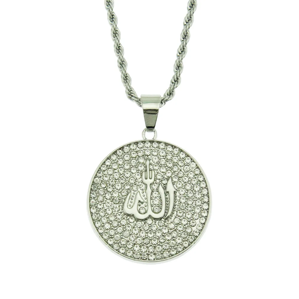 Muslim Islam Koran Allah Badge Coin Pendant Necklace Gold Plated Middle East Alloy Fashion Customized Jewelry Handmade Zircon RQ