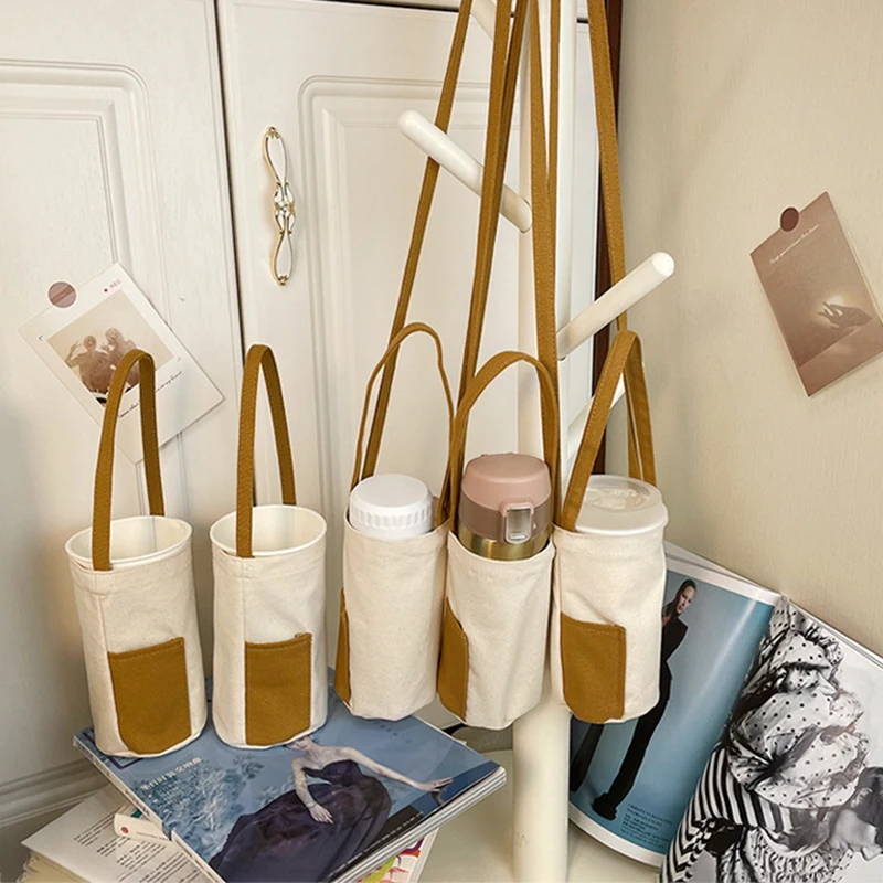 Custom Thermos Bottled Bag Cross-body Water Cup Portable Protective Canvas Kettle Milk Tea Cup Holder Sleeve Tote Bag