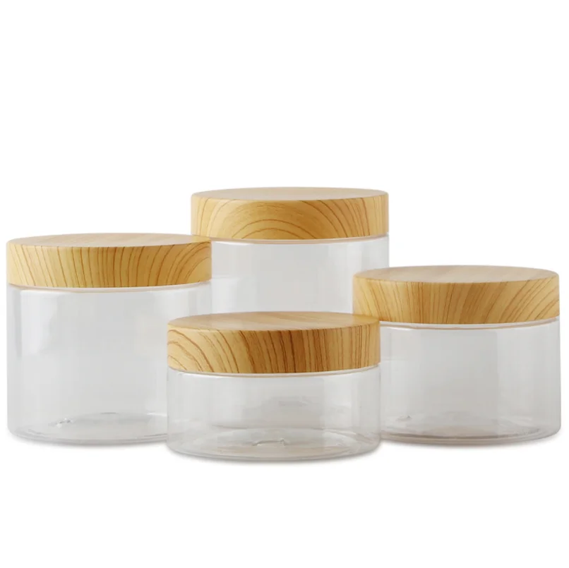 Food Grade Plastic Cosmetic Cream Wax Scrub Container PET Bamboo Jar 8oz with Wood Lid Water Transfer Bamboo Lid