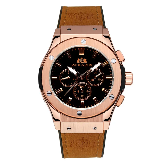PAULAREIS Rose Gold Silver Black Case Brown Leather Rubber Sports Geneve Watch fasion Men Automatic Self Wind Mechanical watch