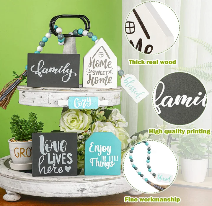 6pcs Bundle Home Items Signs Set Rustic Farmhouse Mini Rolling Pins Farmhouse and Beaded Garland Wood Tiered tray Decor