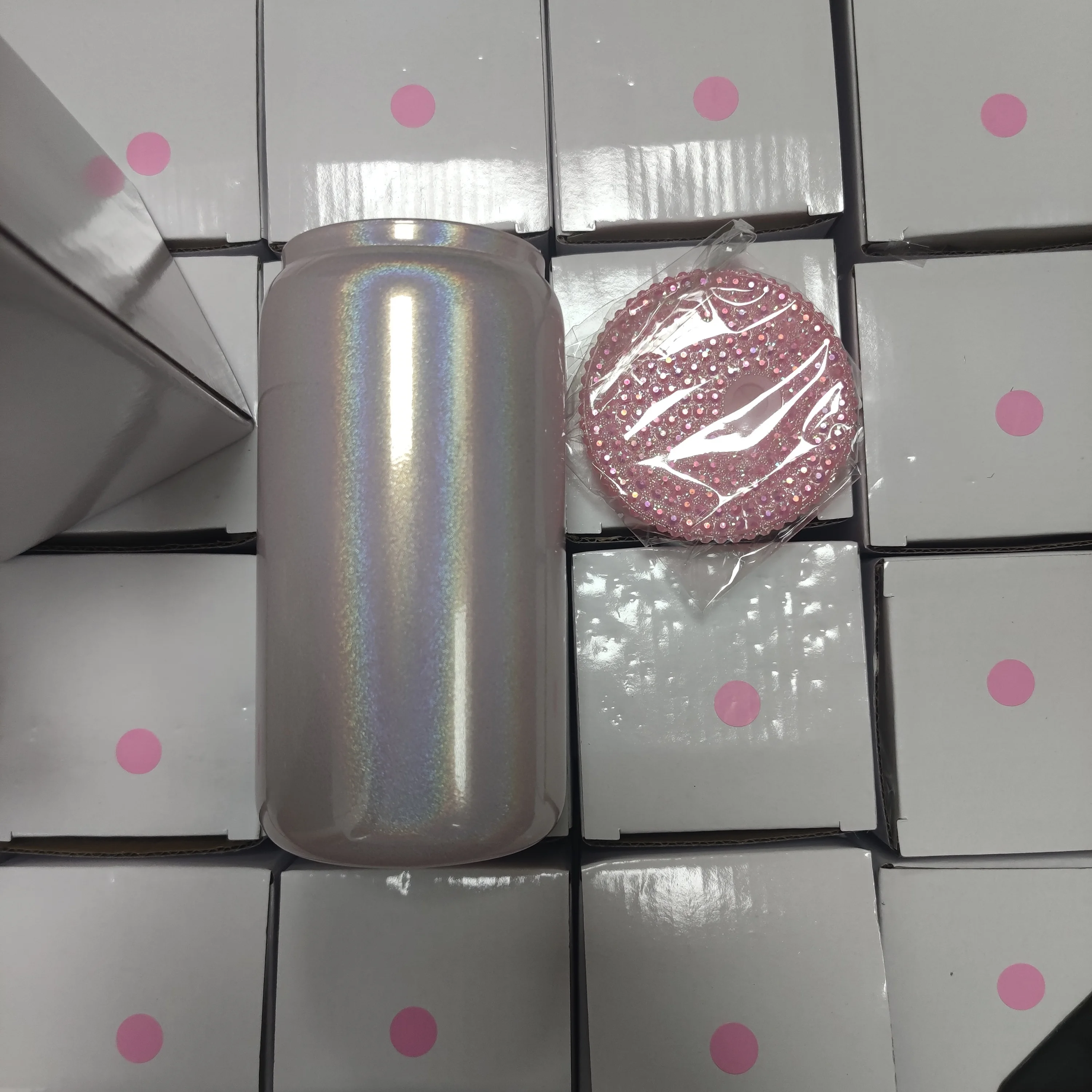 New Blanks Sublimation 16Oz Holographic Shimmer pink Ombre Glitter Libbey beer Glass Can Cup tumbler With Diy Bling Lids straw