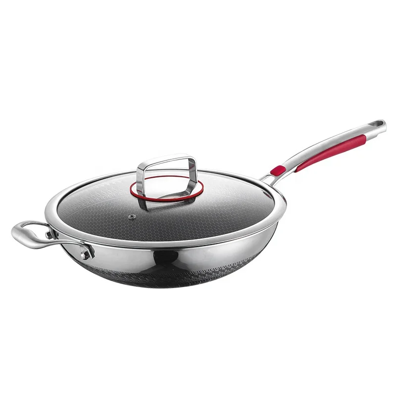 Manufacturer Wholesale Triply Stainless Steel Chinese Wok round Honeycomb Non-Stick Fry Pans Cooking