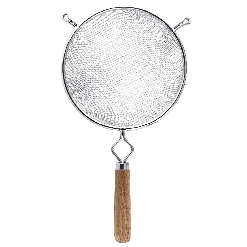 Stainless Steel Double Mesh Food Strainer Colander Sieve Sifter with Wooden Handle for Kitchen Rice Pasta Noodles