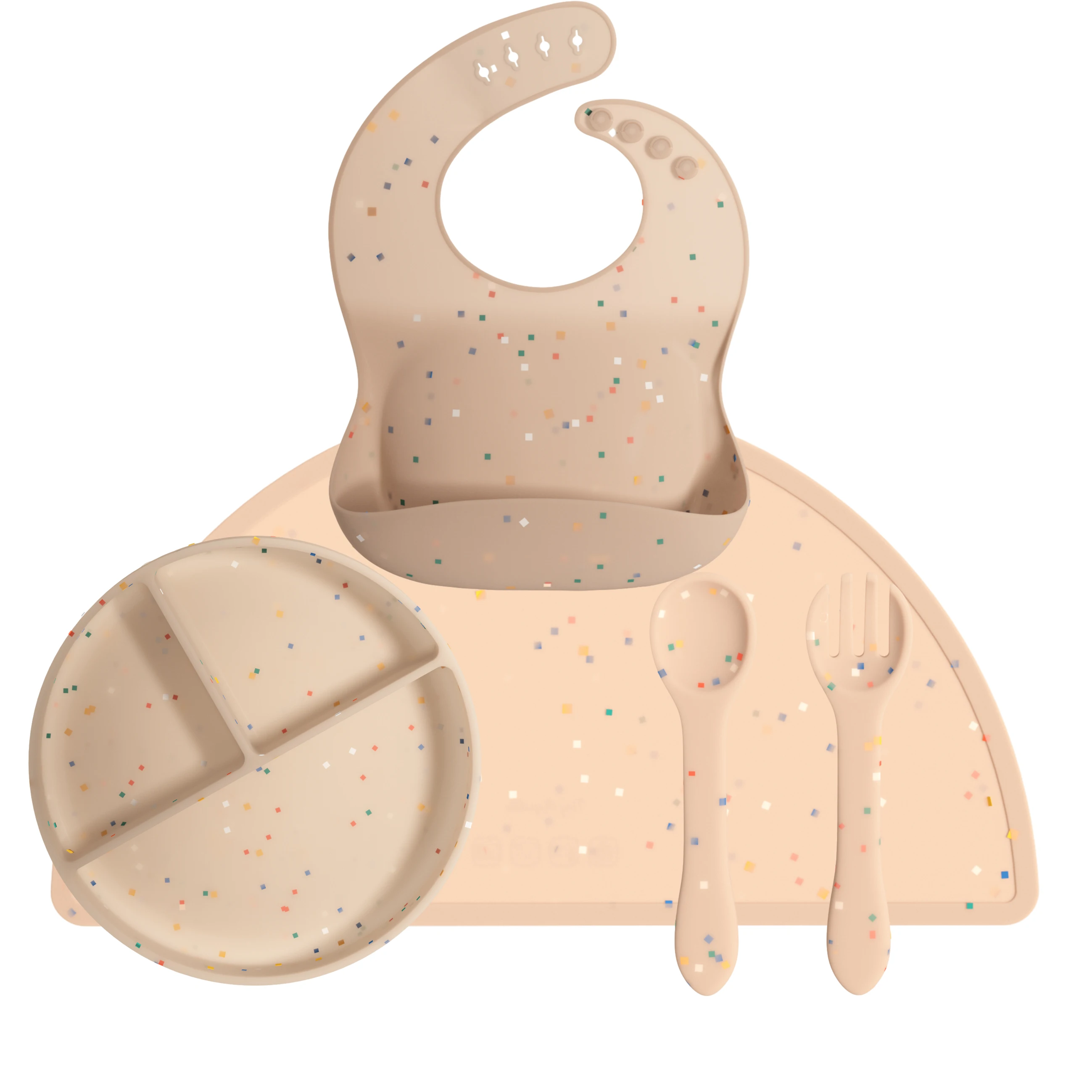 5 pieces personalized logo kids dining silicon dinnerware assortment silicone baby bib spoon plate bowl dinner dishes set