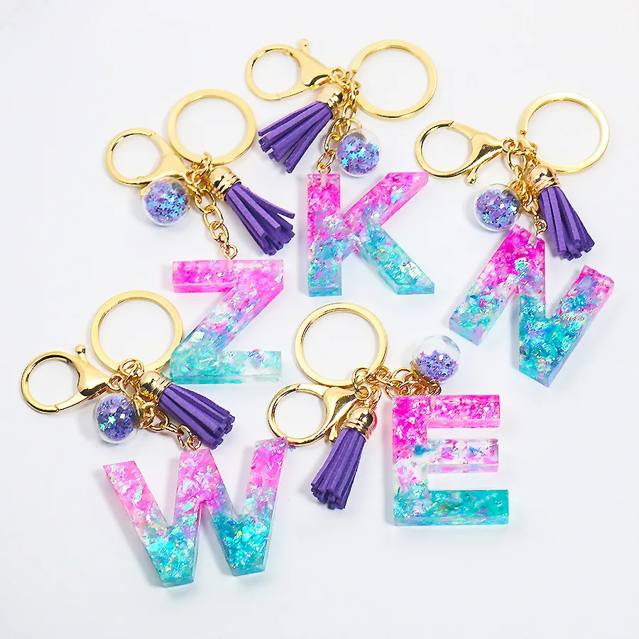 Purple Gradient initial key chain PVC Sequin letter Resin Keychain Acrylic keyring Leather Tassel Custom Crystal Letter Keychain