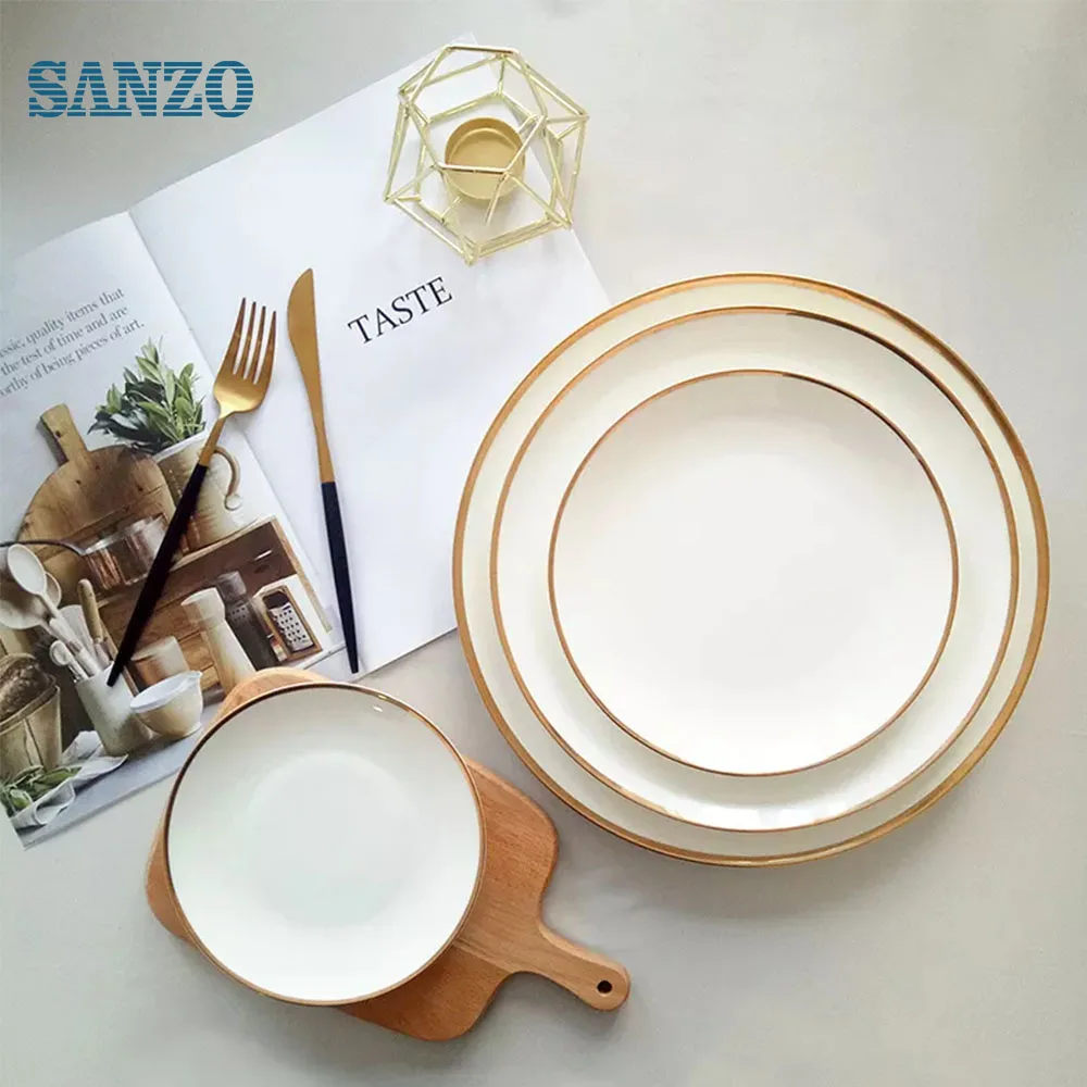 Fine Gold Rim White Ceramic Dish Porcelain Bone China Dinnerware Plates Set