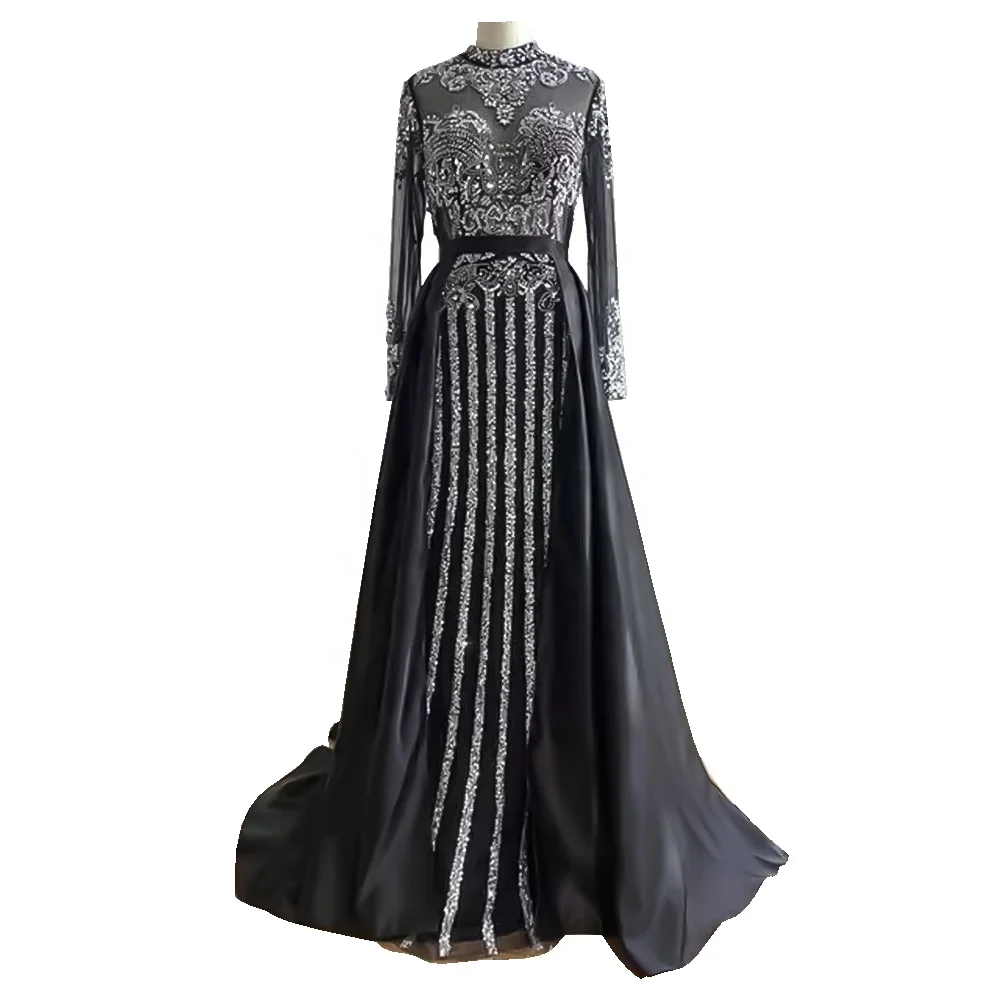 Real Pictures Muslim Evening Dress Women High Neck Long Sleeve Dubai Moroccan Formal Evening Gown