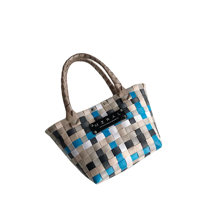 New design plastic knitted small handle bag beach tote bags