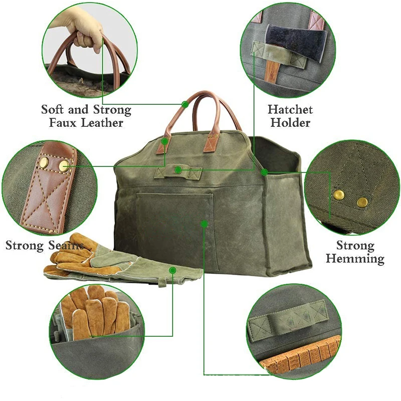 2024 Hot Sale Firewood Log Carrier Bag Waxed Canvas Tote Holder with Fireplace Pure Leather Set for Camping