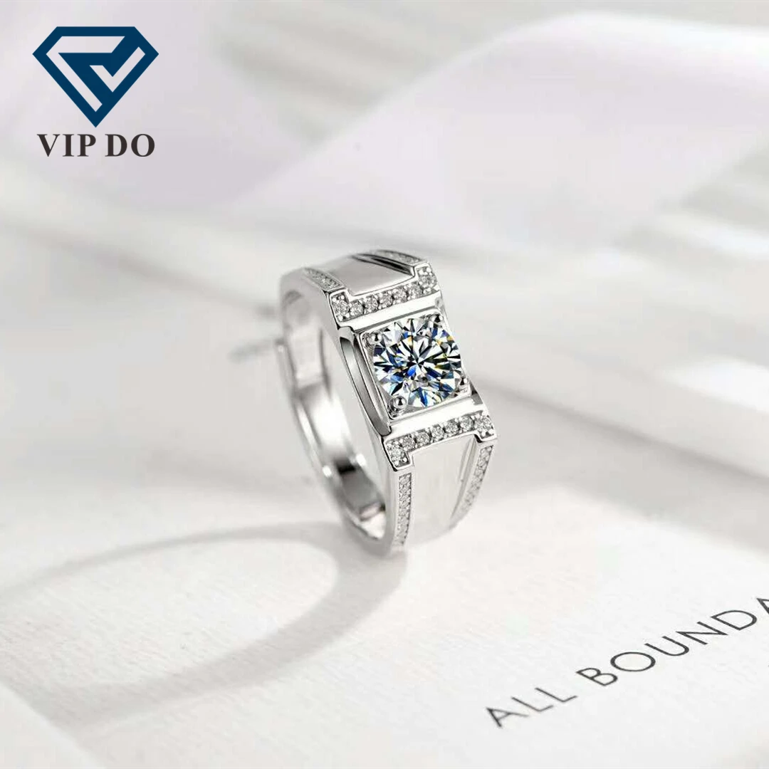 Factory wholesale S925 sterling silver setting round brilliant cut Moissanite diamond men ring size adjustable 4claw style