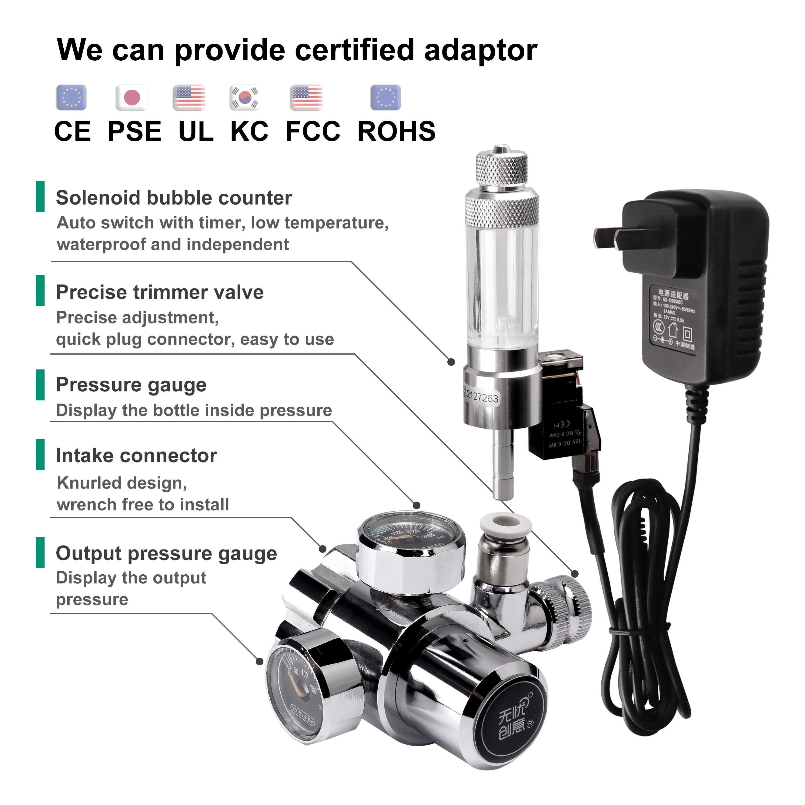 Dual pressure gauge bubble counter and solenoid valve aquarium co2 regulator for aquarium co2 system