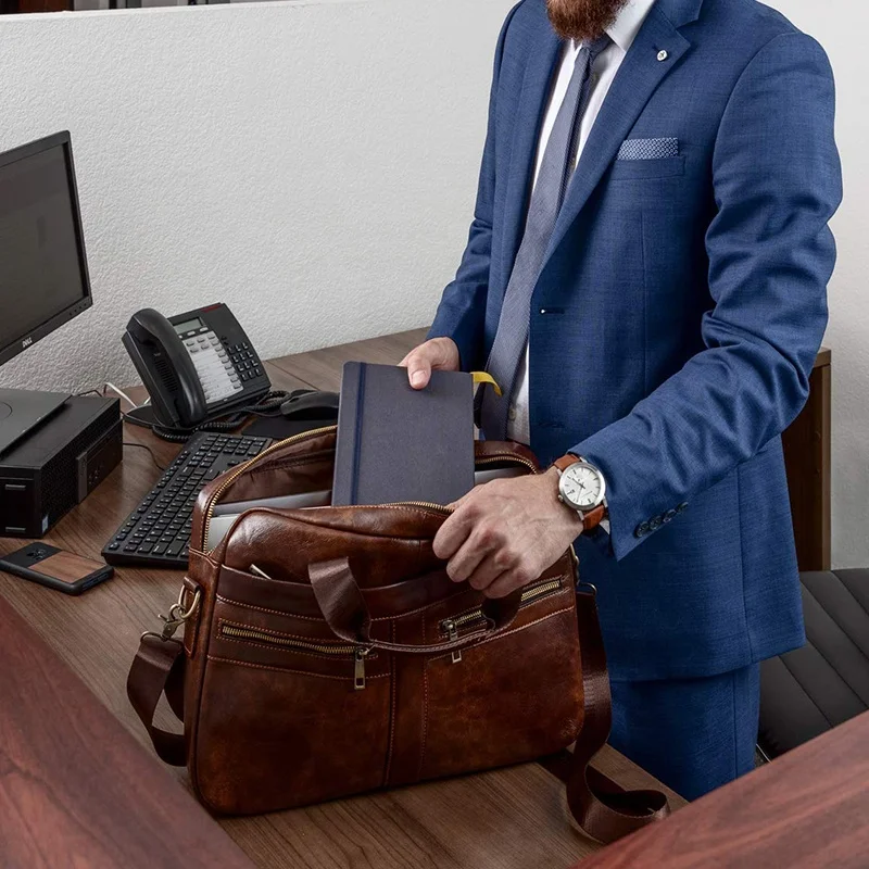 Men Office Business Shoulder Bag Genuine Leather Executive Briefcase Luxury Laptop bag Quality