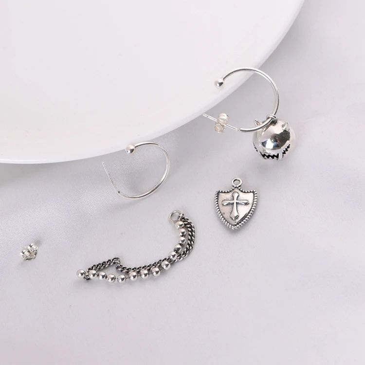 Wholesale 100% S925 Sterling Silver Earrings retro rock little Warcraft cross shield Silver Chain Earrings Jewelry for women