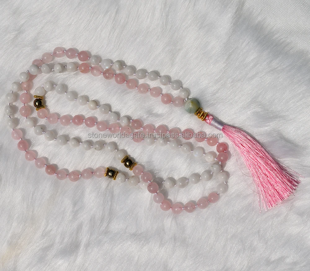 
Knotted Mala Necklace Rose Quartz , Whit Rainbow Moonstone Beads Handmade Yoga Meditation 108 Beads Mala Jewelry Necklace tassel 