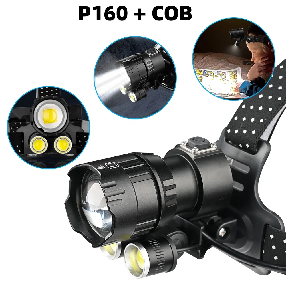 Мощный XHP160 Cob светодиодный налобный фонарь с зумом мощные светодиодные фары 18650 перезаряжаемые головные фонарики USB для