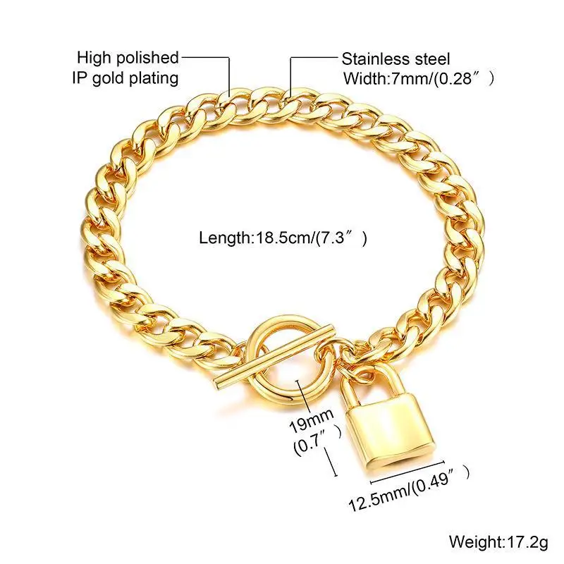 New Design 7mm 18K Gold Stainless Steel Cuban Link Chain Lock Pendant Bracelet For Men Women Unisex