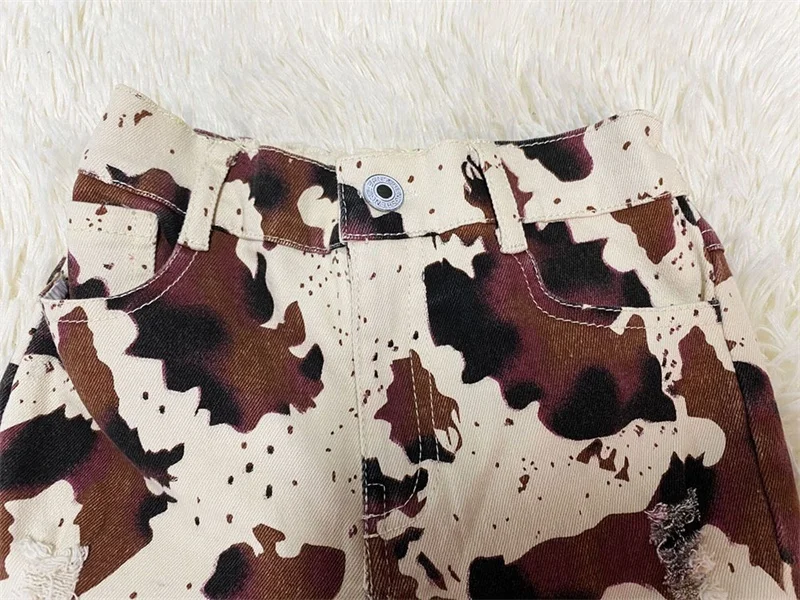 2024 New Western Style Brown Cow Printed Baby Girls Boys Denim Bell Bottoms Pants Children Double Bells Jeans