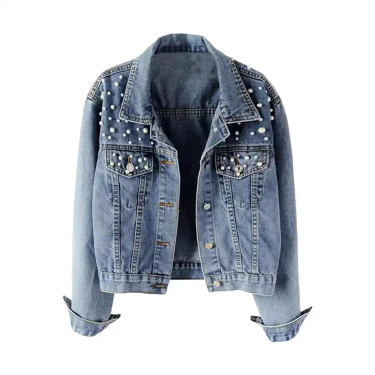 Wholesale New Simple Beaded Fashion Ladies Short Coat Design Washed Pearl Denim Jacket Female Autumn Casual Short Top Coat