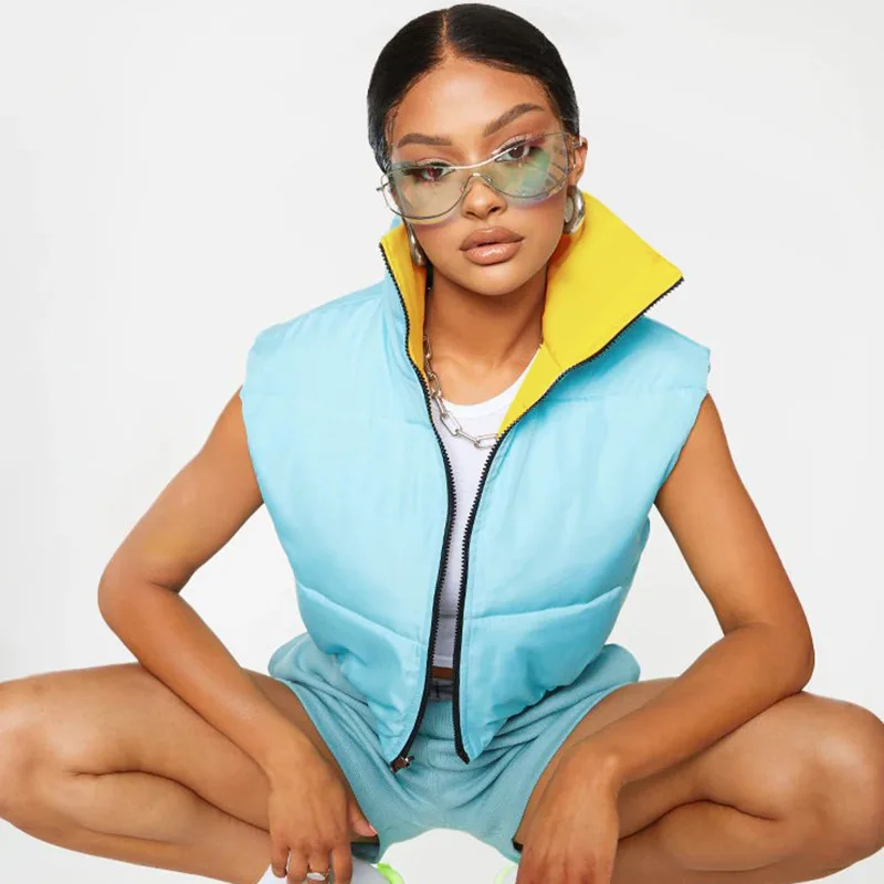 Зимние однотонные Пузырьковые двусторонние пальто на молнии без рукавов, жилет с буфами, Женский пуховой жилет, куртка, стеганый жилет, верхняя одежда