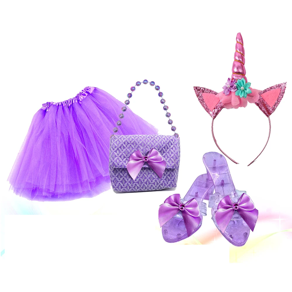 Princess Dress Party Accessories Toy Unicorn Headband High Heels Hand Bag and Tutu Skirt for Girls up Game