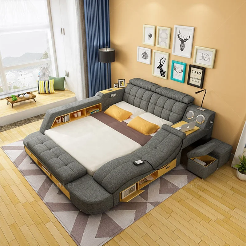 Modern Luxury Multi-functional Smart Leather Bed with Tatami Massage Recliner King Queen Size Solid Wood Bed Fabric Cotton