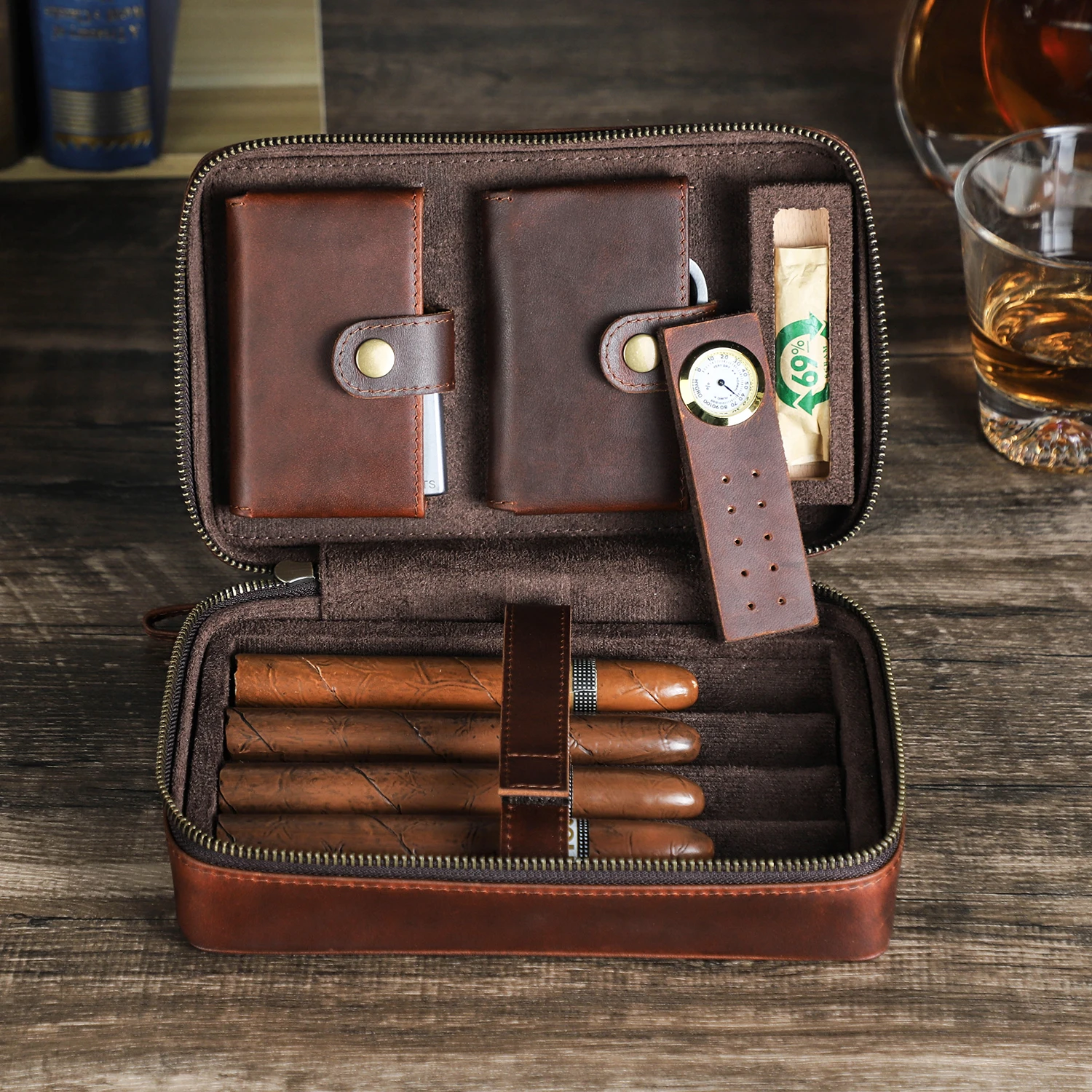 Travel Humidor Cigar Box Case Custom Embossed Logo Leather Cigar Humidor Case For 4 Cigars with Digital Hygrometer CF5022