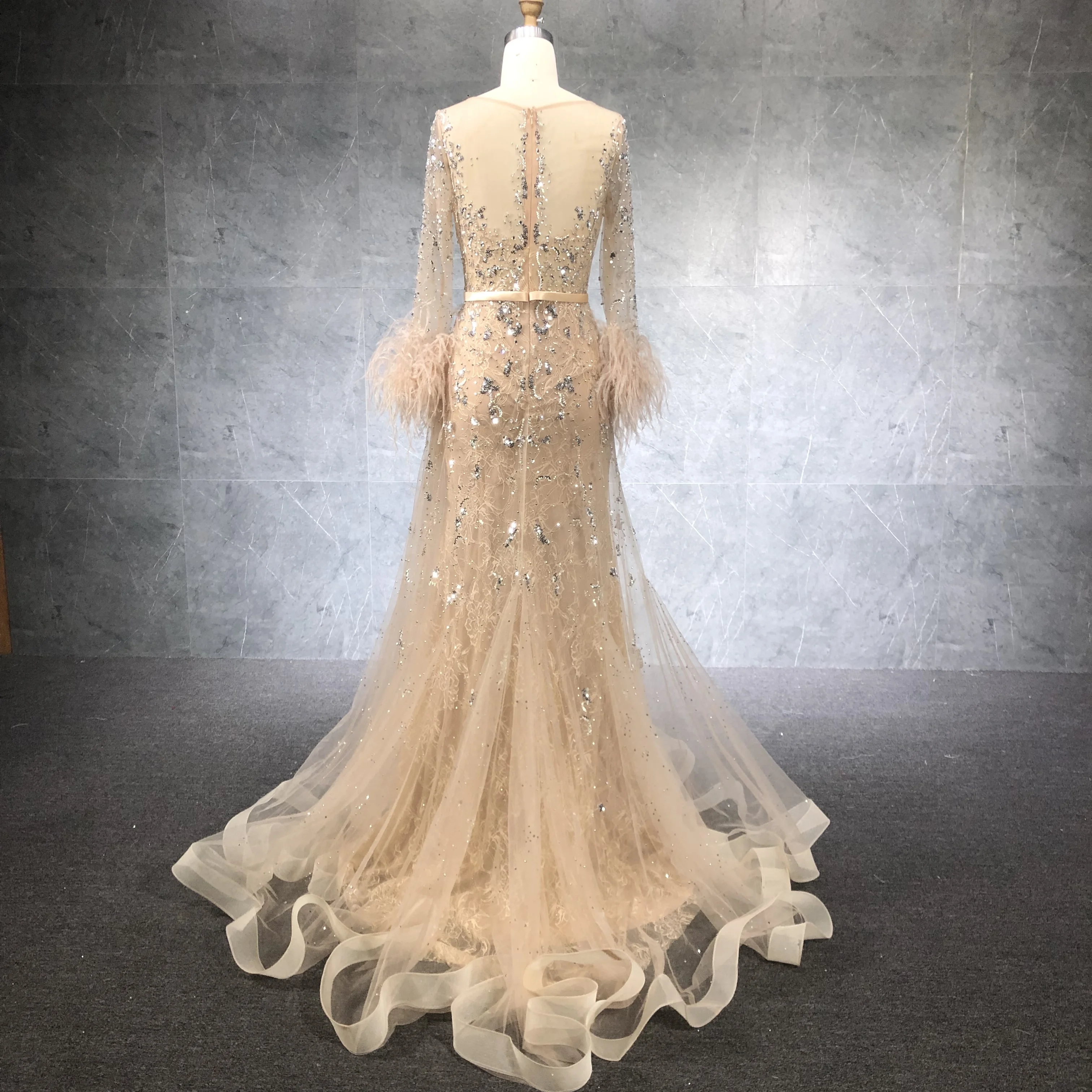 Champagne Long Sleeve Dress Beaded Feather Long Dress Elegant  Party Evening Gowns For Women