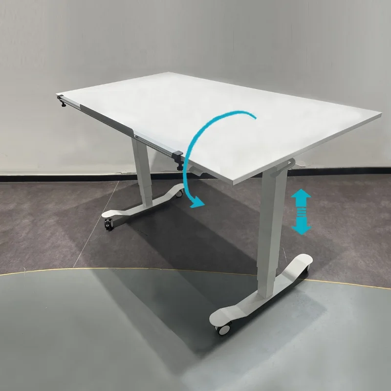 Office 2 Leg Mobile Tablet Height Adjustable Pneumatic Lift Desk Computer Work Adjustable Office Desk with Folding Desktop