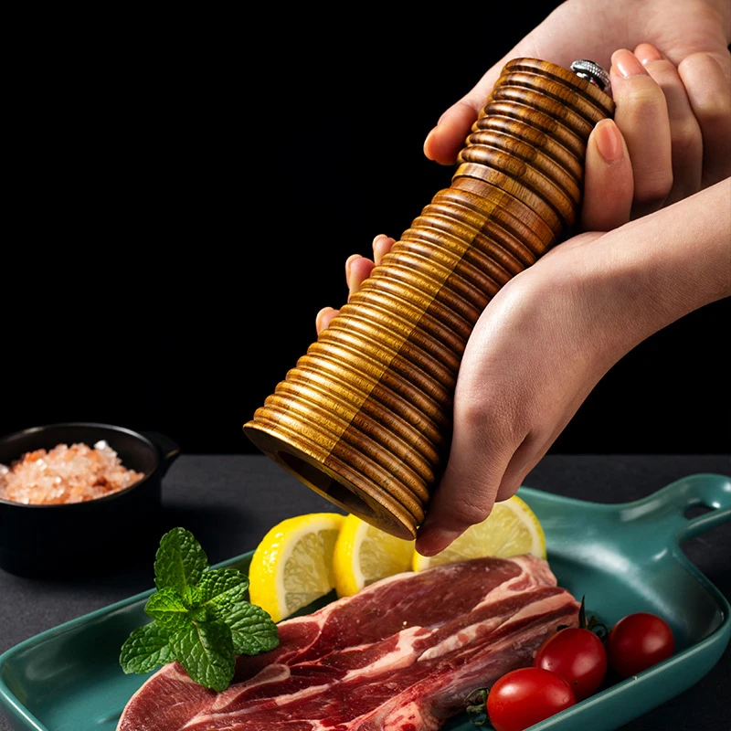 6 inch Wavy Acacia Wood Pepper Grinder Salt Manual Wooden Pepper Mill