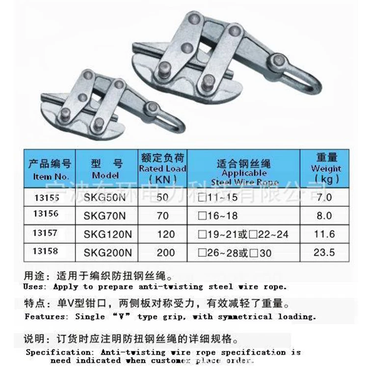 70KN Transmission Line Come Along Clamp Anti Twist Steel Rope Conductor Gripper