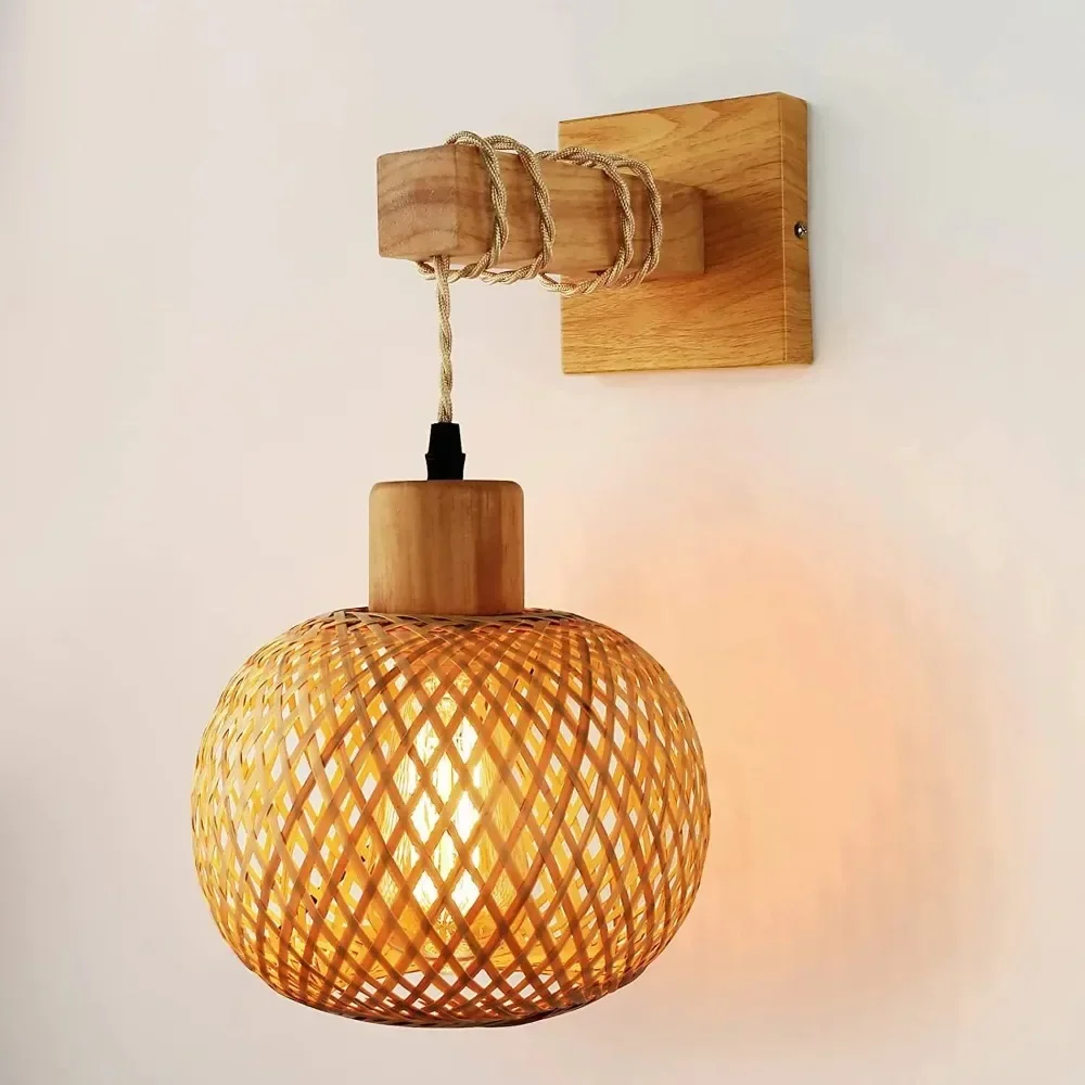 Retro Japanese Bamboo Woven Bedside Wall Lamp, Dining Room Rattan Lamp, Bedroom, Farmhouse, Rural Indoor Background Wall