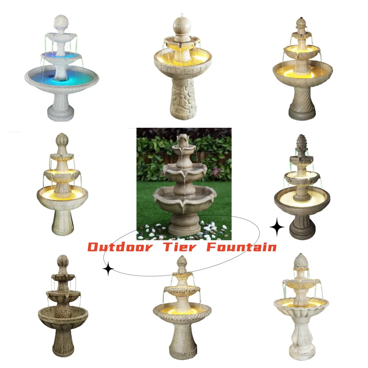 Newest Promotional Outdoor Fountain Feature 4 Tiers Resin Garden Decoration with Led Ropes Electrical Pump