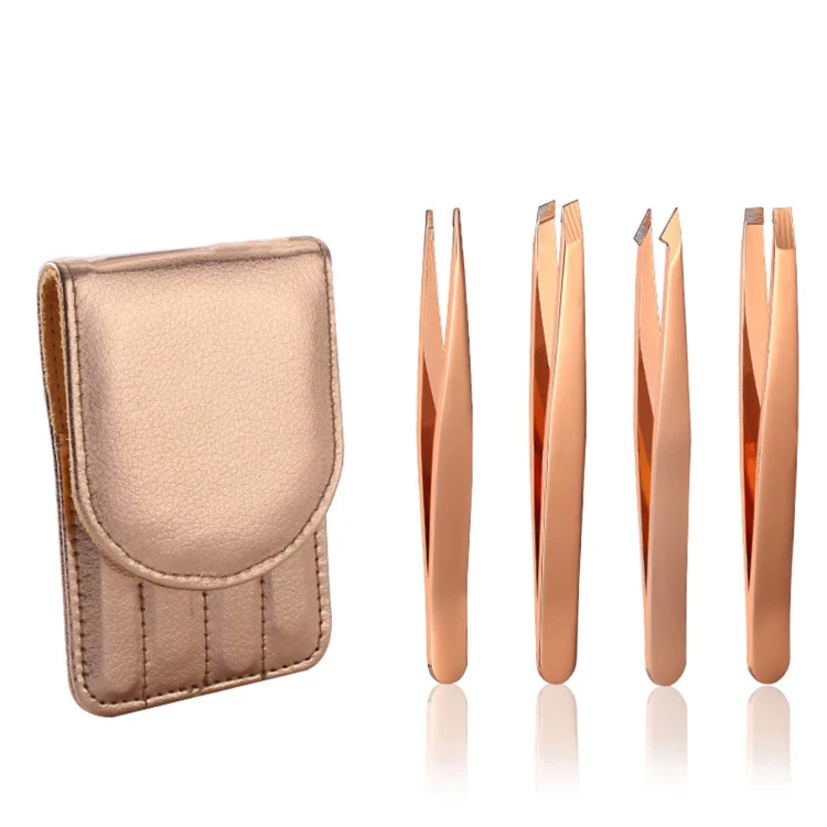 Factory Direct Sale 4Pcs Rose Gold Eyebrow Tweezers Kit Makeup Eyebrow Clip Tools Precise Stainless Steel Eyelash Tweezers