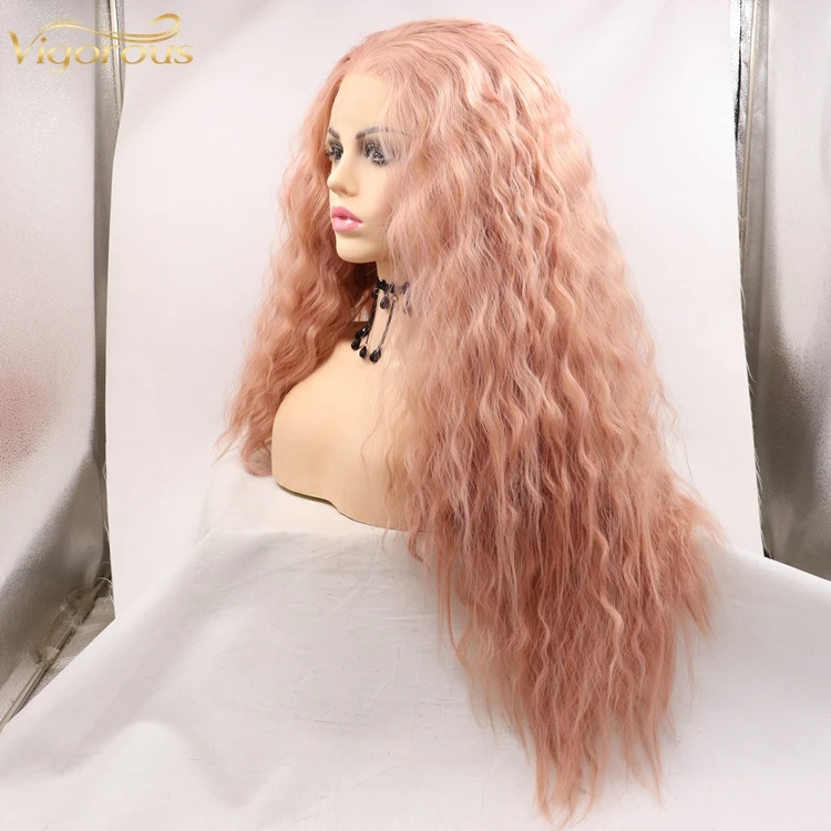 Lovely Pink Mono Long Curly Premium High Quality Water Wave Wholesale Cheap Women Glueless Lace Front Synthetic Hair Wigs