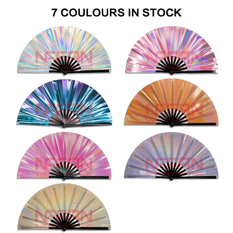 Hot sale Clack Rave Folding Hand Fan Iridescent Holographic Fabric Strong Bamboo ribs for Festivals or Parties