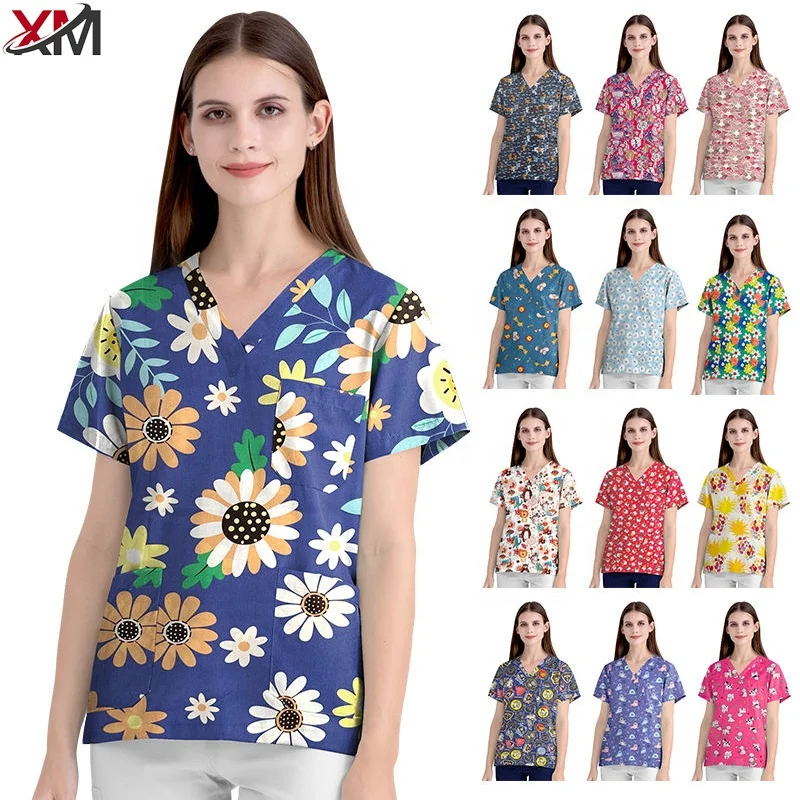 Oem 100% Cotton Medical Hospital Custom Logo Spa Halloween Christmas Printed Nursing 2 Piece Nurse Scrub Jogger Sets Uniform