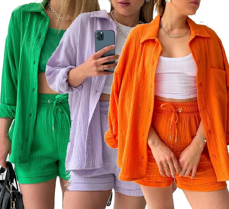 Y306015 Women Casual Cardigan Shirt & Shorts 2 Piece Sets Ladies Solid Color Long Sleeve Blouse & Short Pant Fashion Sui