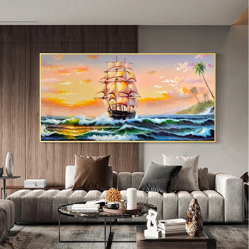 Hand-painted sailing oil painting modern living room decoration painting porch scenery hanging painting American mural