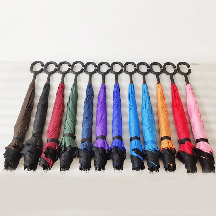 High Quality C Shaped Handle Windproof  Inverted C Shape Rain Sun Portable Straight Automatic Reverse  Custom Umbrella With logo