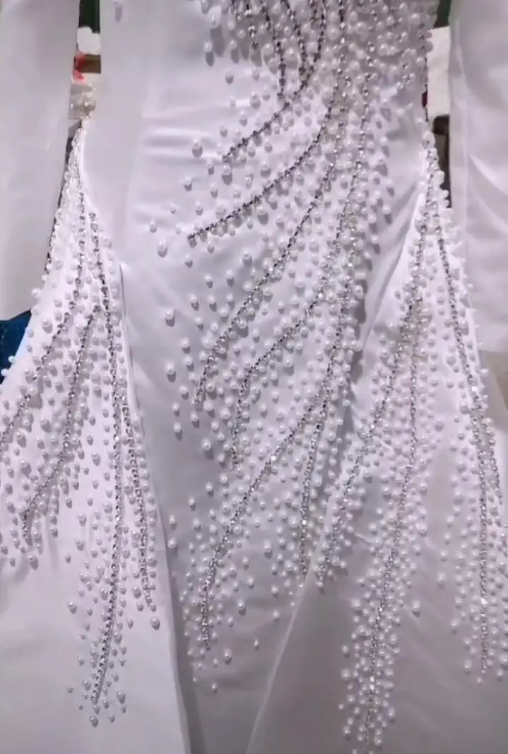 2024 Africa Satin Long Sleeve 2 in 1 Mermaid Dresses With Detachable Train Pearl Crystal Stones Beaded Fish tail Bridal Dress