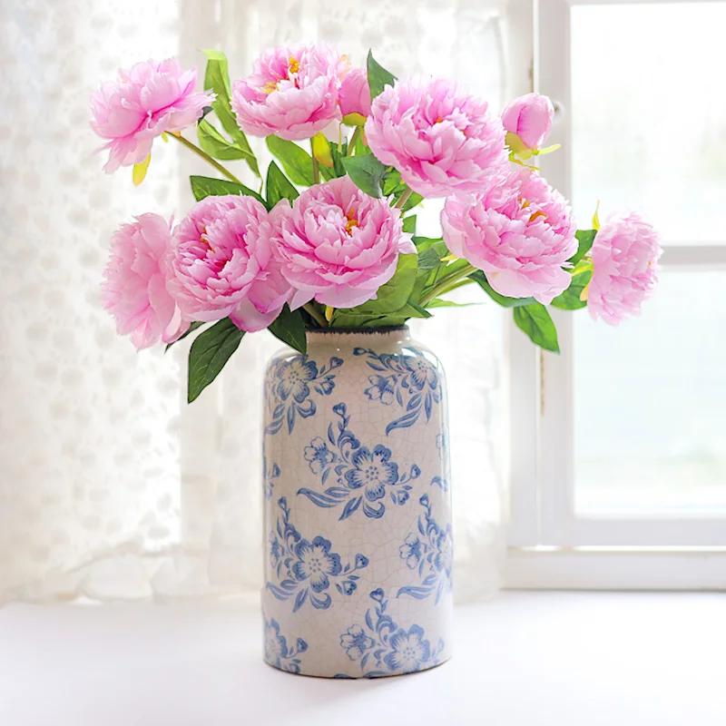 Modern Chinese Blue White Ceramic Flower Vase Non-Porous Cylindrical Wedding Table Decor Home Use Inspired Blue White Porcelain