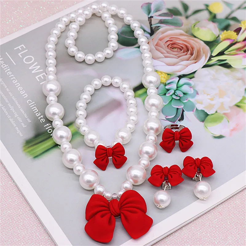 Kids Beaded Pearl Necklace and Bracelet 3 Sets Little Girls Jewelry Necklace with Earring Ring 5pcs Set  Pearl Necklace for Baby