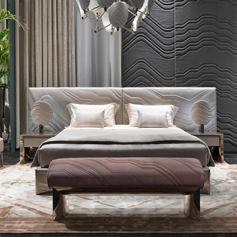 Luxury Bedroom Furniture Modern Upholstered Leather Italian Bed With Extended Headboard King Size White Leather Bed