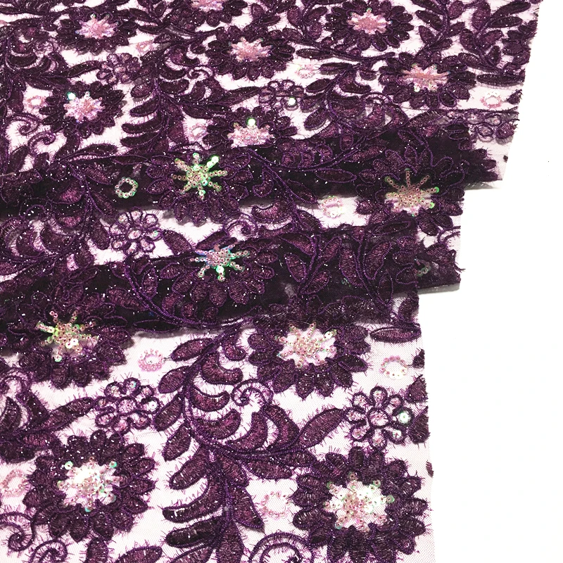 
Polyester tulle nigerian dubai lace centipede like yarns 3mm+5mm colorful african sequins ribbon embroidery fabric for woman 