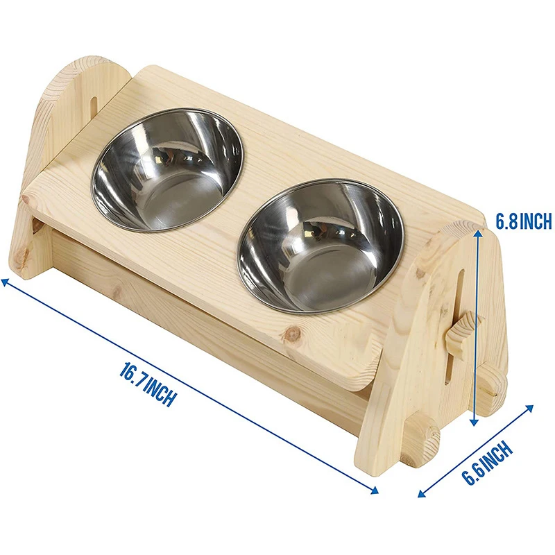 Feeder Bamboo Wood Food Pet Feeders 2 Stainless Steel Bowls Premium Raised Cats Bowl Feeder