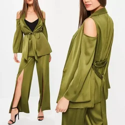 Women Clothing Shoulder Tie Waist Satin Blazer Green Tops And Pants Ladies Dresses Office